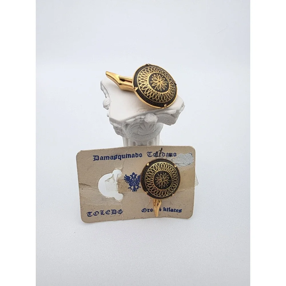 Vintage TOLEDO Cufflinks 24k Yellow Gold Spain Damasquinado Toledano Diamond Cut